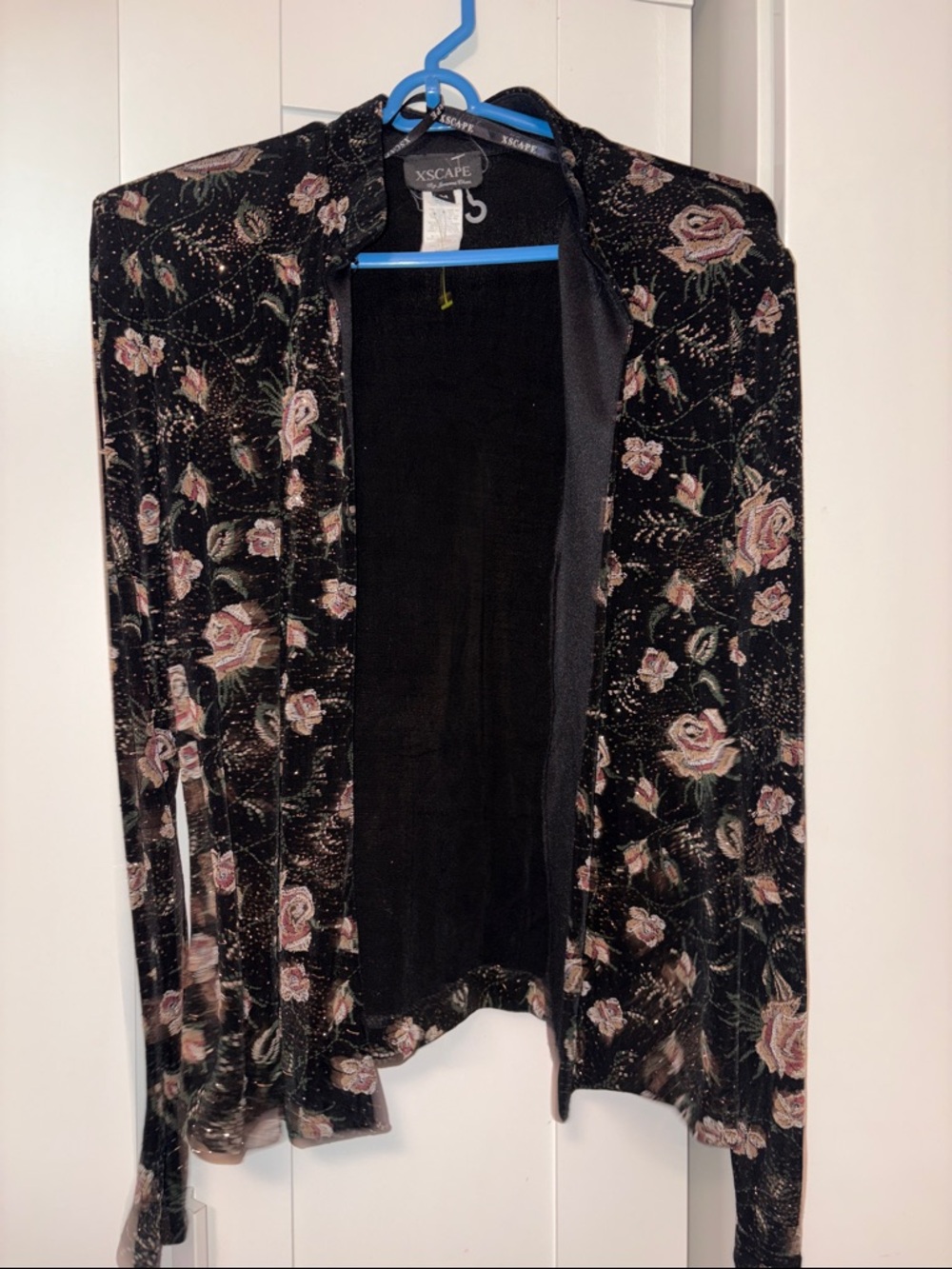 Xscape Black Velvet Open-Front Cardigan with Pink Rose Print